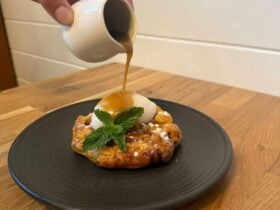 Peach and ginger galette, caramel, BBCO Gingerbeer Sorbet