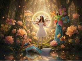 A glowing enchanted forest scene filled with oversized flowers and soft golden light. At the center,