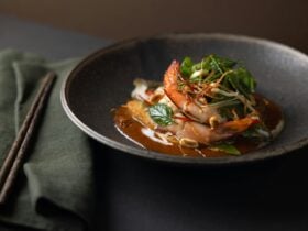Choo Chee curry of roasted market fish, Mooloolaba king prawns, Thai herbs