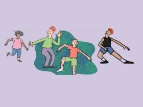 4 cartoon characters looking happy and dancing independently of each other