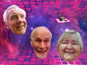 A bright pink and purple background with 3 floating heads and a man on a flying carpet