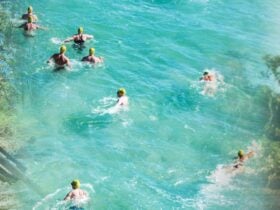 picture of people mountain biking, swimming in the ocean and walking along a beach