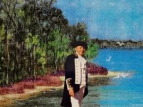 A painting of a naval officer standing on a beach.