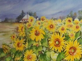 A painting of a house and a field of sunflowers