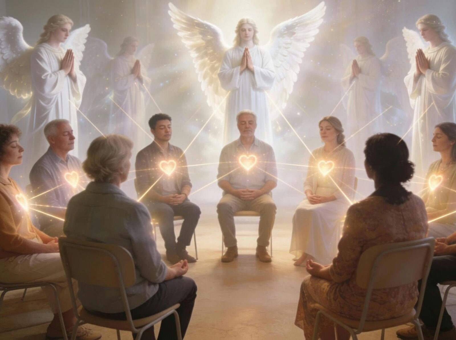 A group of people in a circle in meditation. Angels have appeared