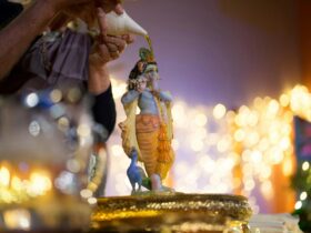 A photo of Krishna during a devotional ceremony