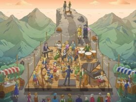 A cartoon orchestra playing on a cliff that is overlooking mountains to other cartoon people
