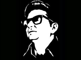 Black and white image of Roy Orbison in a cartoon style