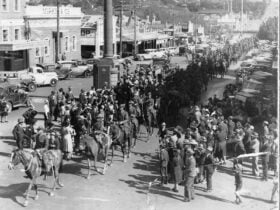 Black and white photo of street military parade, most on horseback