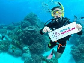 Diver in the great barrier reef holding the Tropical Innovation Festival Sign