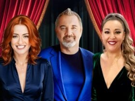 Two Psychics and a Medium are pictured in front of a red velvet rope