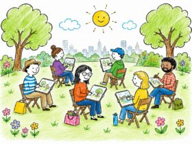 a group of people sitting in a park sketching.