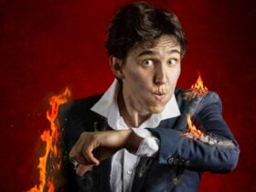 An actor stands blowing out flames on their suit.