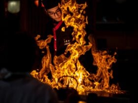 Teppanyaki chef behind a flame on a grill