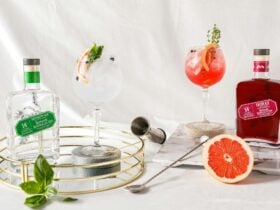 Gin bottles and cocktails with citrus garnish at Mt Uncle Distillery