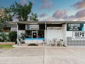 Shopfront with sunrise in the background and trees on the left