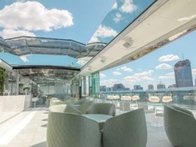 Rooftop bar floor plan with roof open
