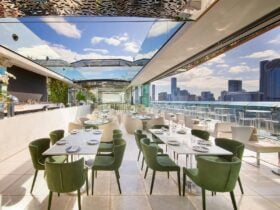 Rooftop bar with open roof and various furniture