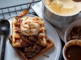 Ungermann Brothers Ipswich Homemade waffles with sweet pork belly and caramel.