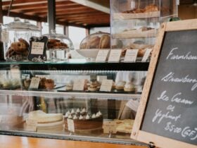Cake cabinet full of freshly baked goods