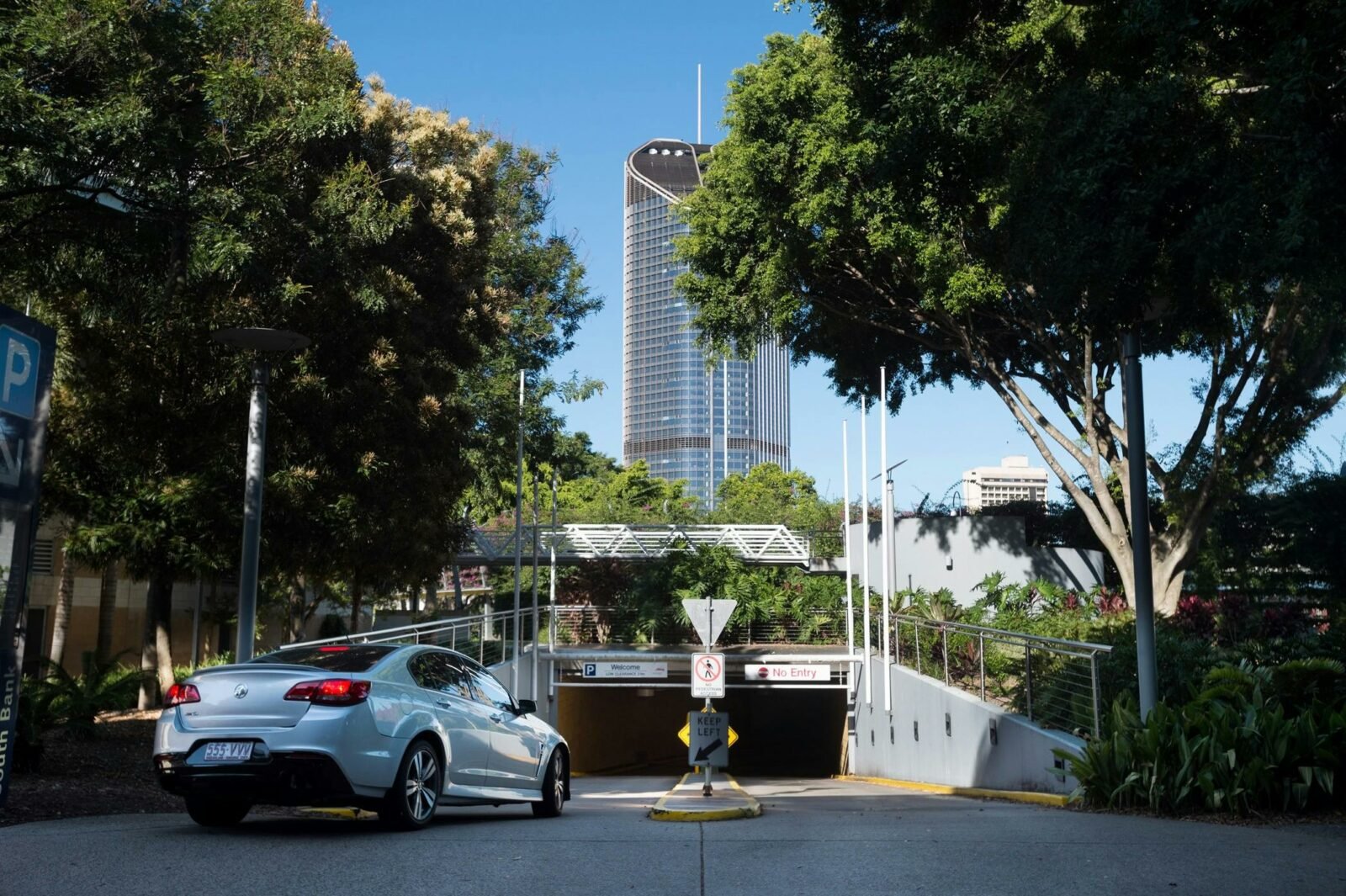 South Bank car park entrance in Brisbane with a white car entering