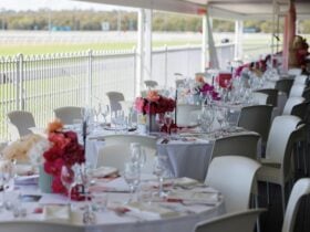 Champagne Garden with table settings and floral centre pieces