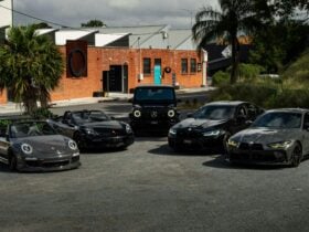 Velo Rentals luxury and exotic car fleet parked outside Brisbane headquarters