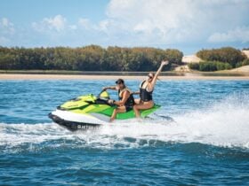 Man and woman enjoying a fun adventure on a jet ski