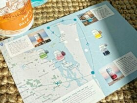 A laid out map of North Stradbroke Island with can renders of local Beers