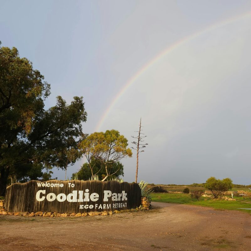 Coodlie Park Welcome Sign against trees and a rainbow