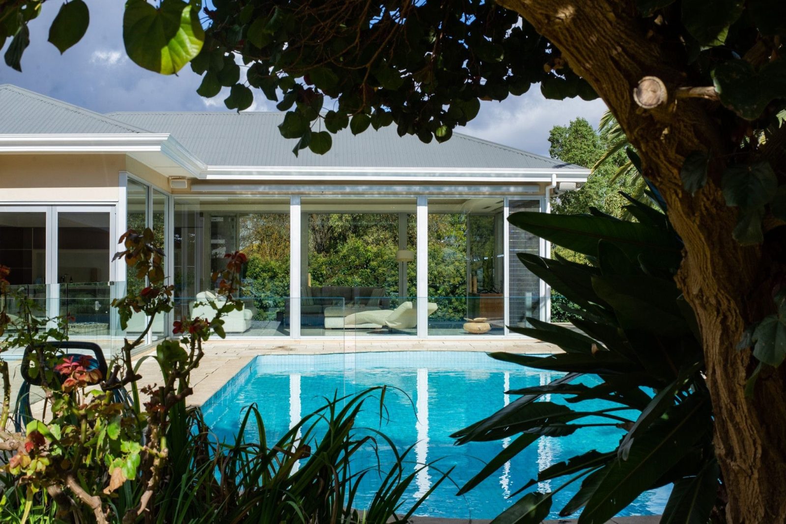 Pool and garden looking towards glassed living area