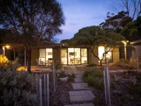 View towards house from front with lights on