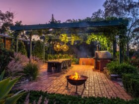 Reserve Barossa Luxury Accommodation garden with outdoor dining, firepit and pizza oven