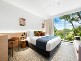 Spacious hotel room with king sized bed, large window overlooking trees and desk with chair.