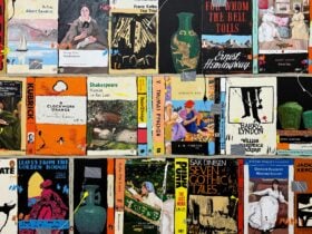 original painting by Ben Tankard showing a multitude of book ends and book fronts