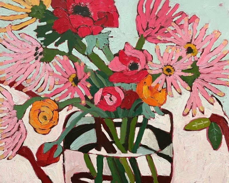 Section of original painting by Louise Vadasz of flowers in a glass jar