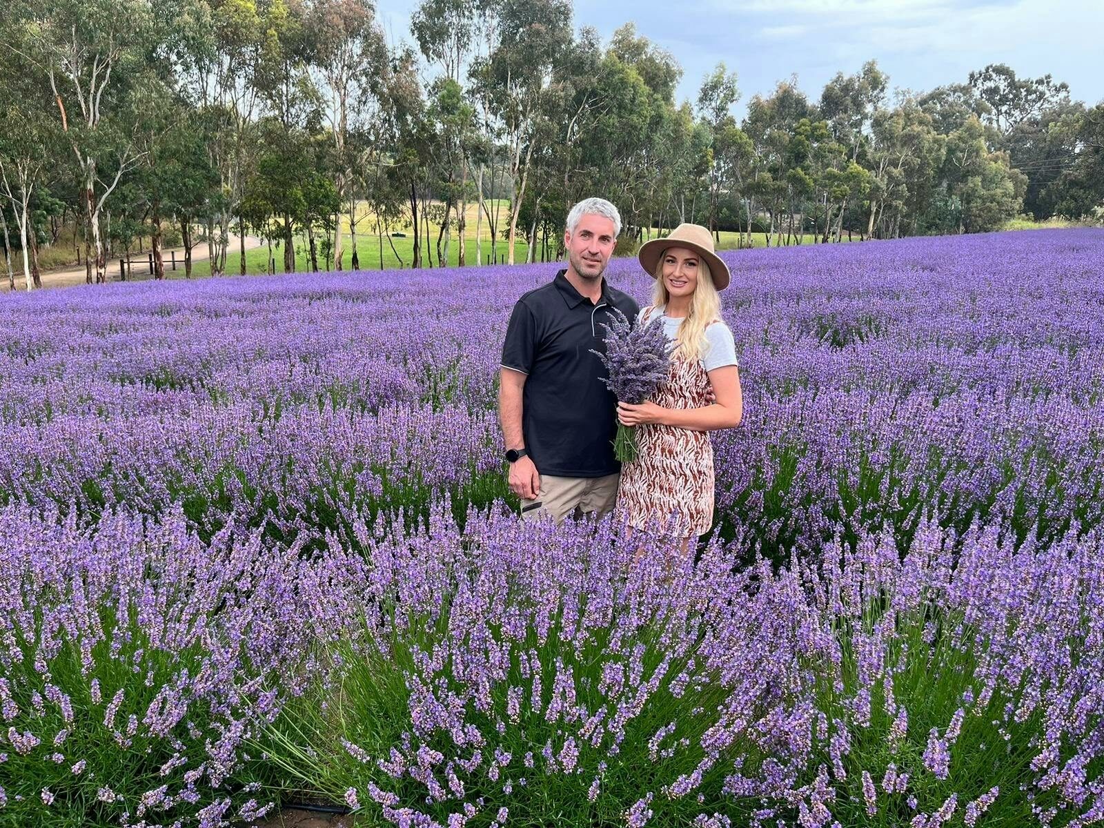 Thomas Mahar and Nicole Jordan pose in Lavender field
