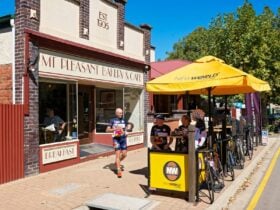 Cyclists outside of the historic Mt Pleasant Bakery
