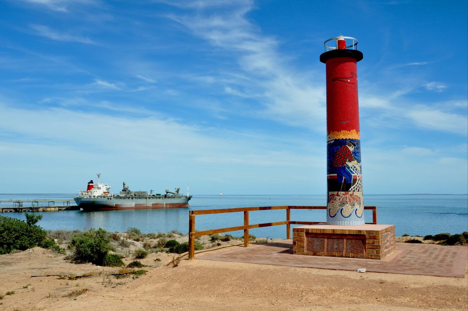 Thevenard Wharf with Ship in port, and Lighthouse Monument from Pinky Point Lookout