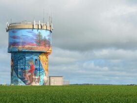 Water tower mural with jetty, pine trees, boy fishing with dog, seen across green paddock.