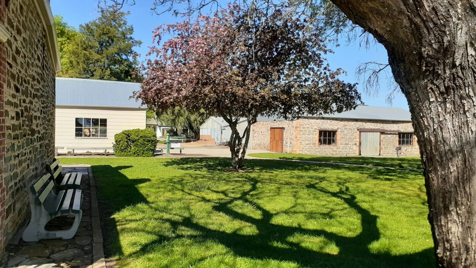 A view across the picnic area looking towards the blacksmiths shop and wheelwrights shop.