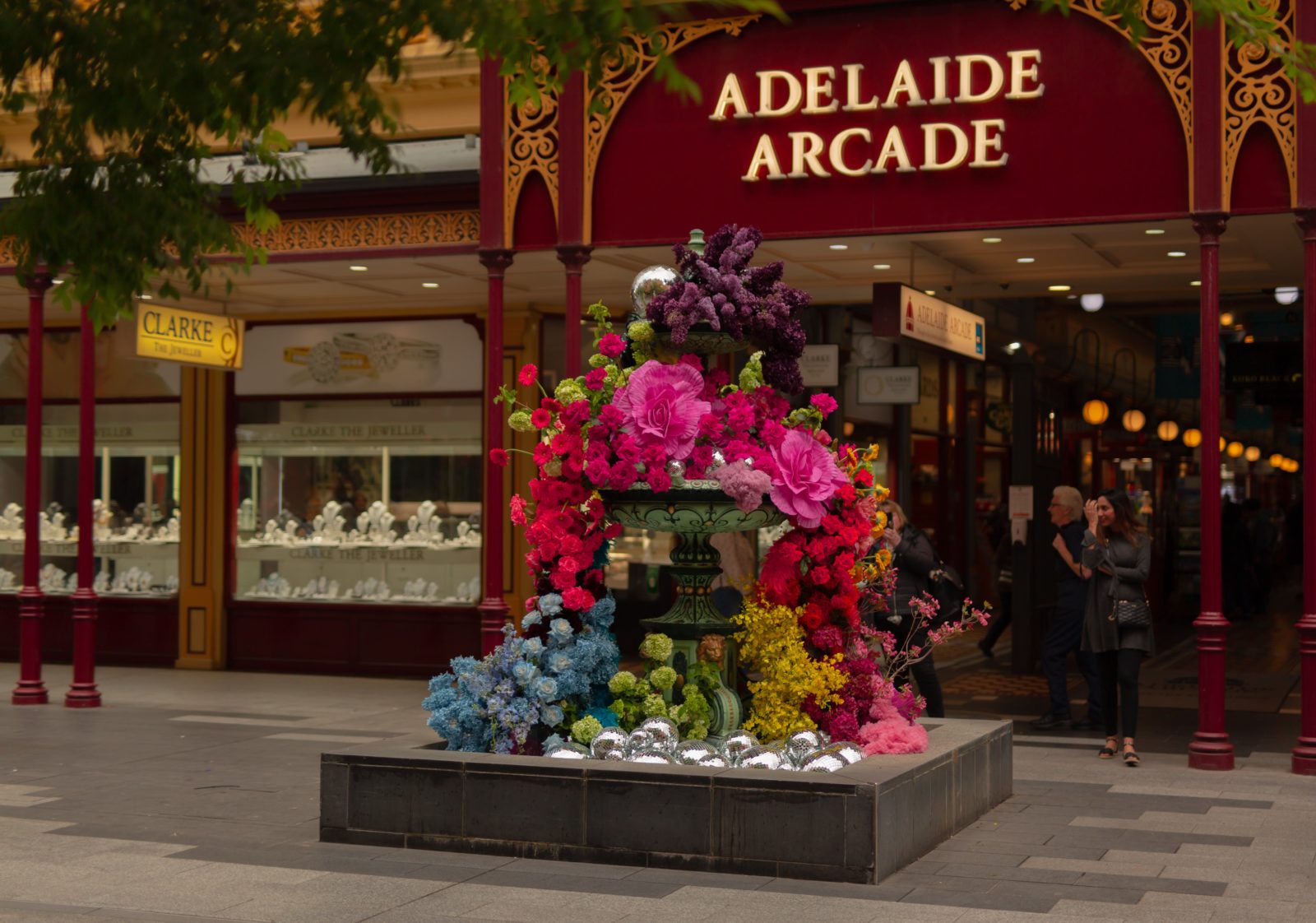 The Rundle Mall Fountain adorned with flowers