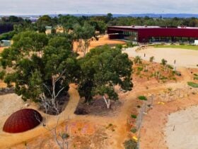 An aerial view overlooking the women's cultural space and the western end of the building