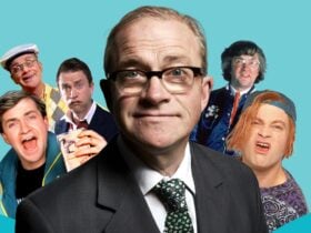 Harry Enfield in suit, surrounded by various comedic character portraits.