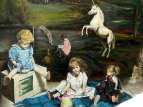 A surreal oil painting with dolls, a unicorn and childhood objects.