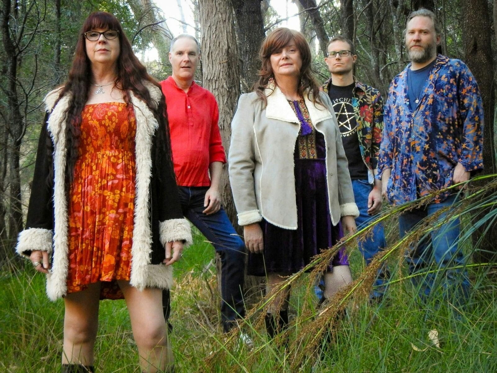 5 people standing in a row are members of the band, Spiral Dance