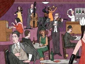 A colour illustration depicting 1920s Paris