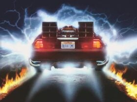 An illustration of the back of a car driving away with lightning bolts surround it