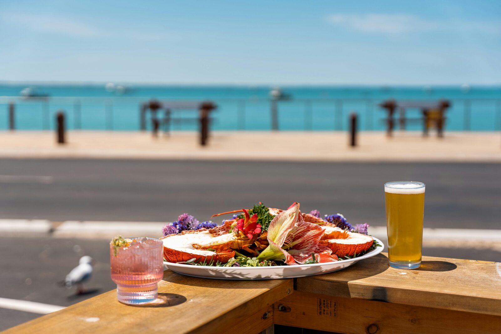 Lobster Pot Crayfish platter with Beachport Brewing Co. Gin and Beer on Beachport foreshore