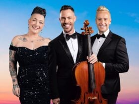A photo of CelloVoci featuring vocalists Effie Passero and Branden James, and cellist James Clark.